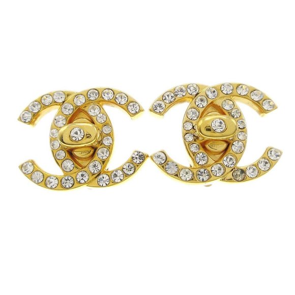 Auth Chanel CC Turnlock Rhinestone Earrings Clip-On Gold Small - Picture 1 of 4